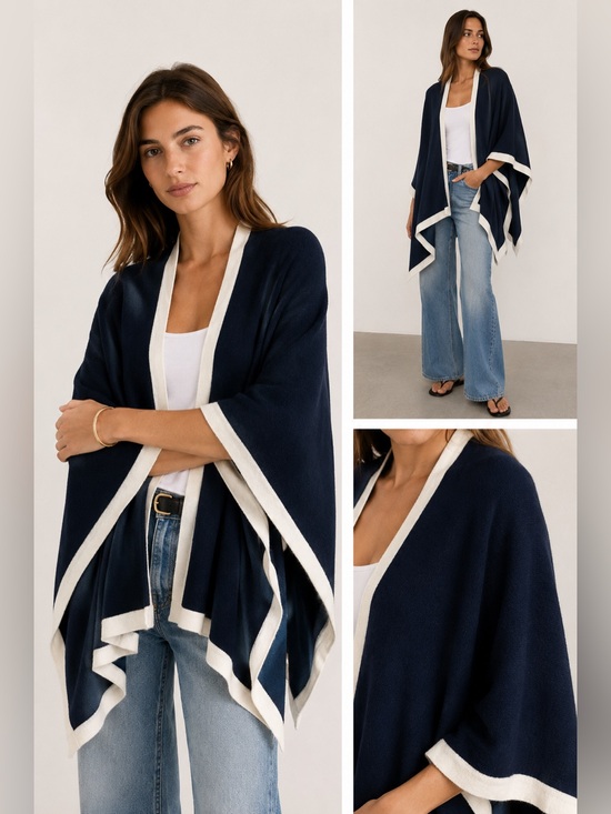 Mer Sea Sweaters - Mersea & Co. Asbury Travel Wrap Navy Ivory One Size Open Front Shawl Poncho